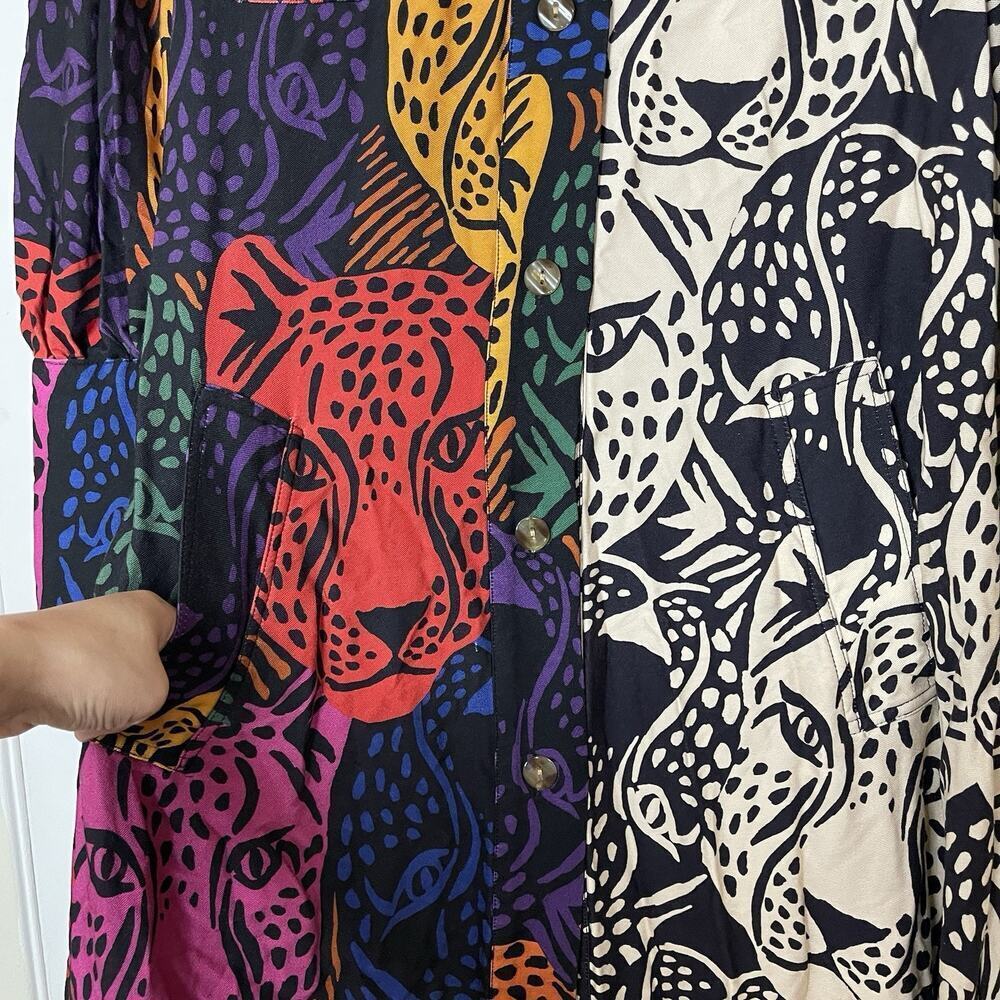 FARM Rio Mixed Midnight Leopard Dress Button front long sleeve medium -no belt - Picture 4 of 6